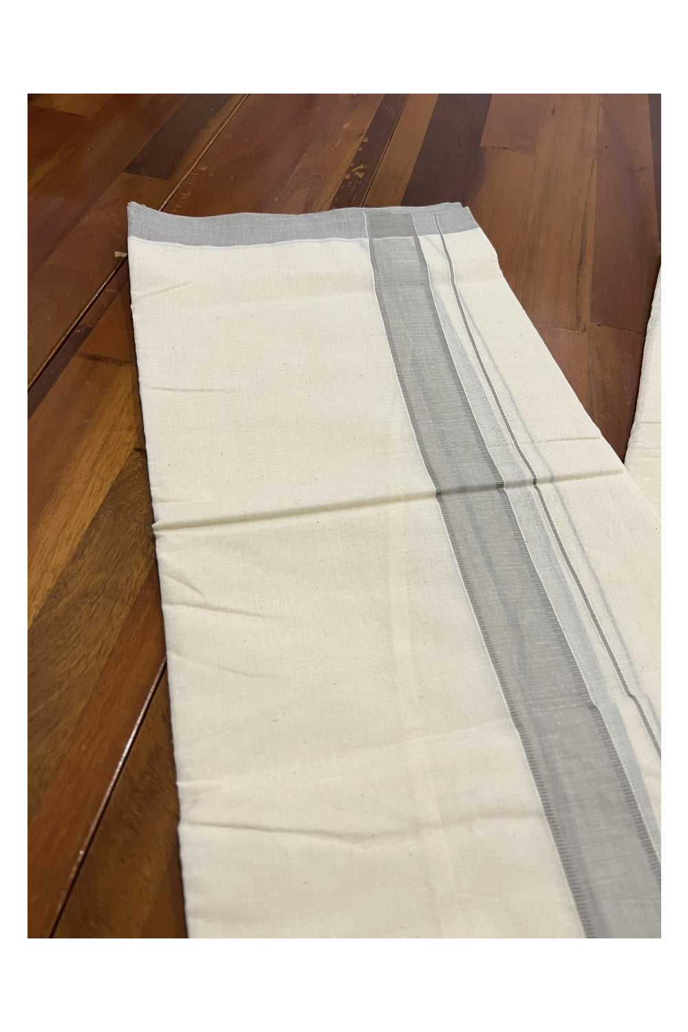 Off White Pure Cotton Double Mundu with Creamy Grey Kara (South Indian Dhoti)