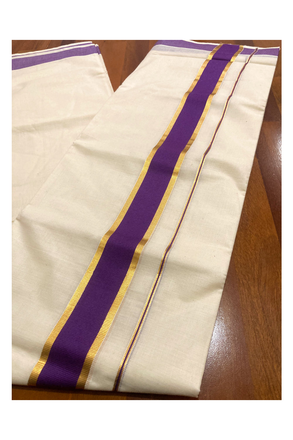 Off White Pure Cotton Double Mundu with Kasavu and Purple Border (South Indian Dhoti)