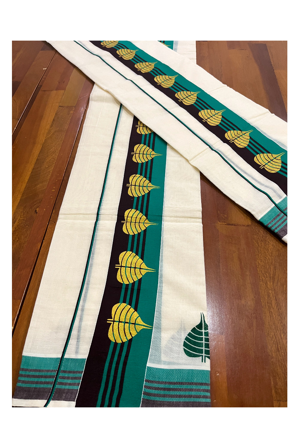 Pure Cotton Single Set Mundu (Mundum Neriyathum Onam 2024 Collection) with Golden Block Prints on Brown Green Border