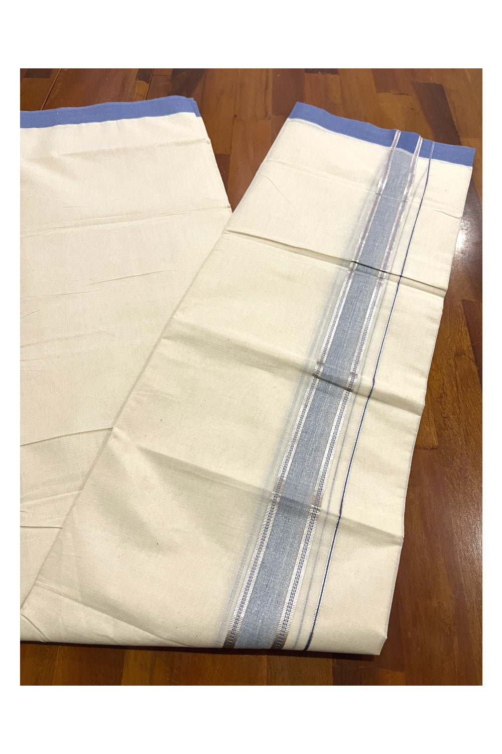 Pure Cotton Off White Double Mundu with Blue and Silver Kara (South Indian Dhoti)