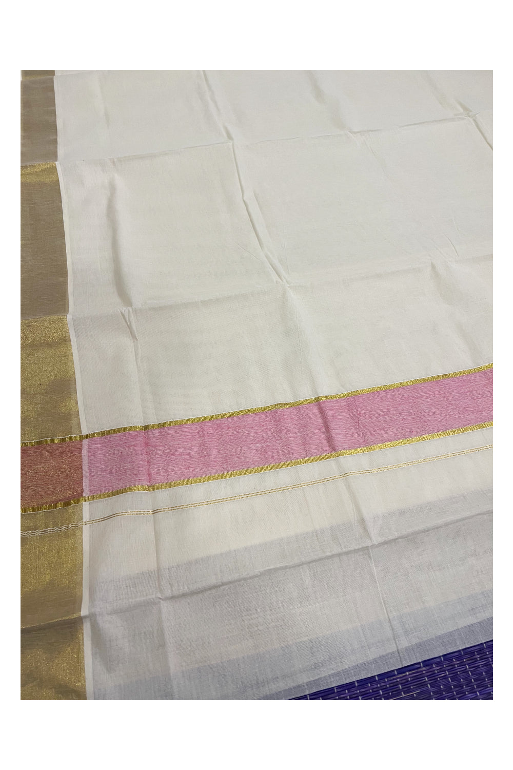 Pure Cotton Kerala Plain Saree with Kasavu Border and Pink Kasavu Pallu