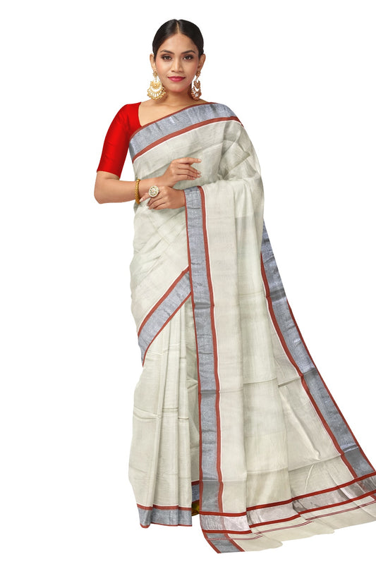 Kerala Pure Cotton Plain Saree with Silver Kasavu and Orange Border
