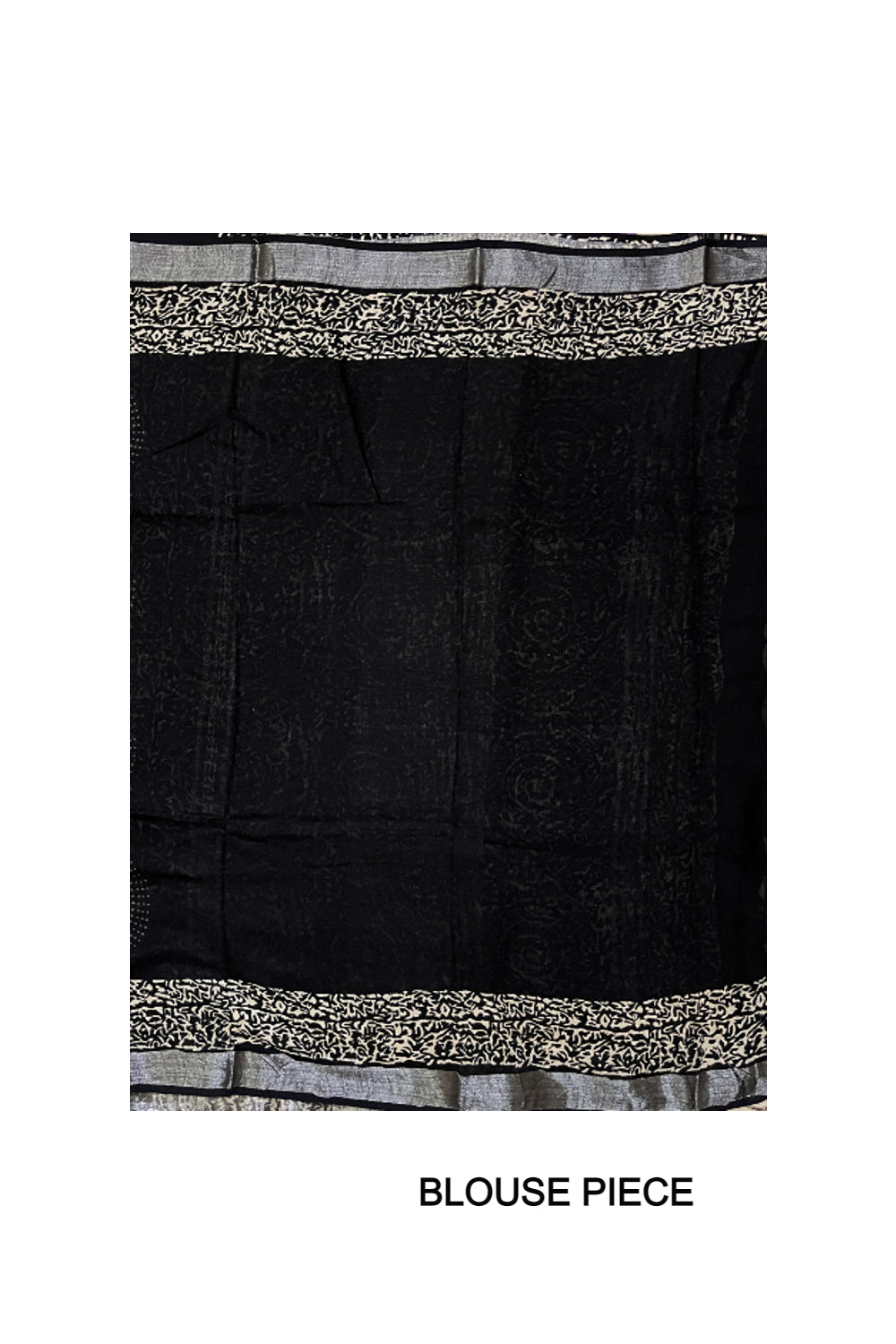 Southloom Linen Designer Black Saree with White Fabric Prints on Body and Tassels Works