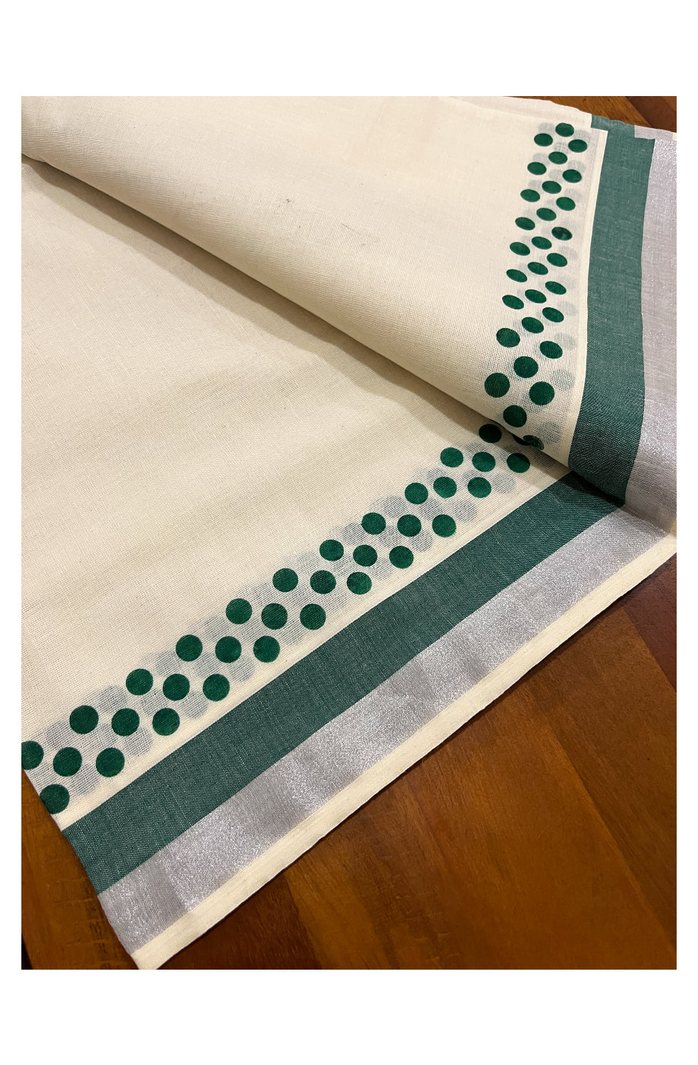 Kerala Cotton Silver Kasavu Set Mundu (Mundum Neriyathum) with Green Polka Prints