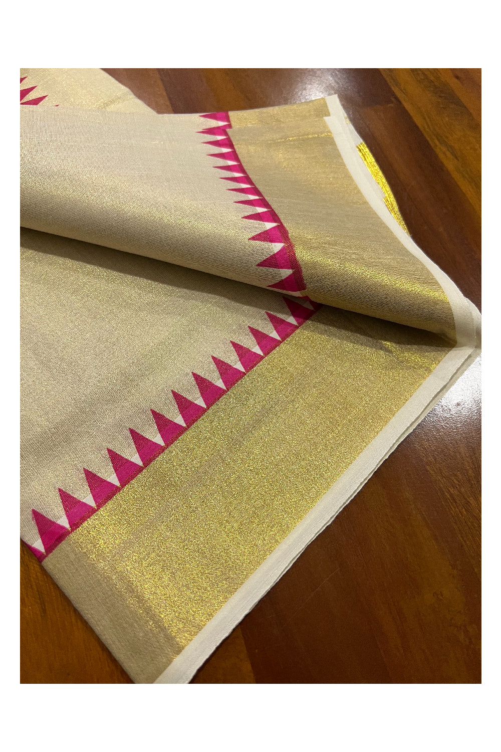 Kerala Tissue Kasavu Set Mundu (Mundum Neriyathum) with Pink Temple Block Print