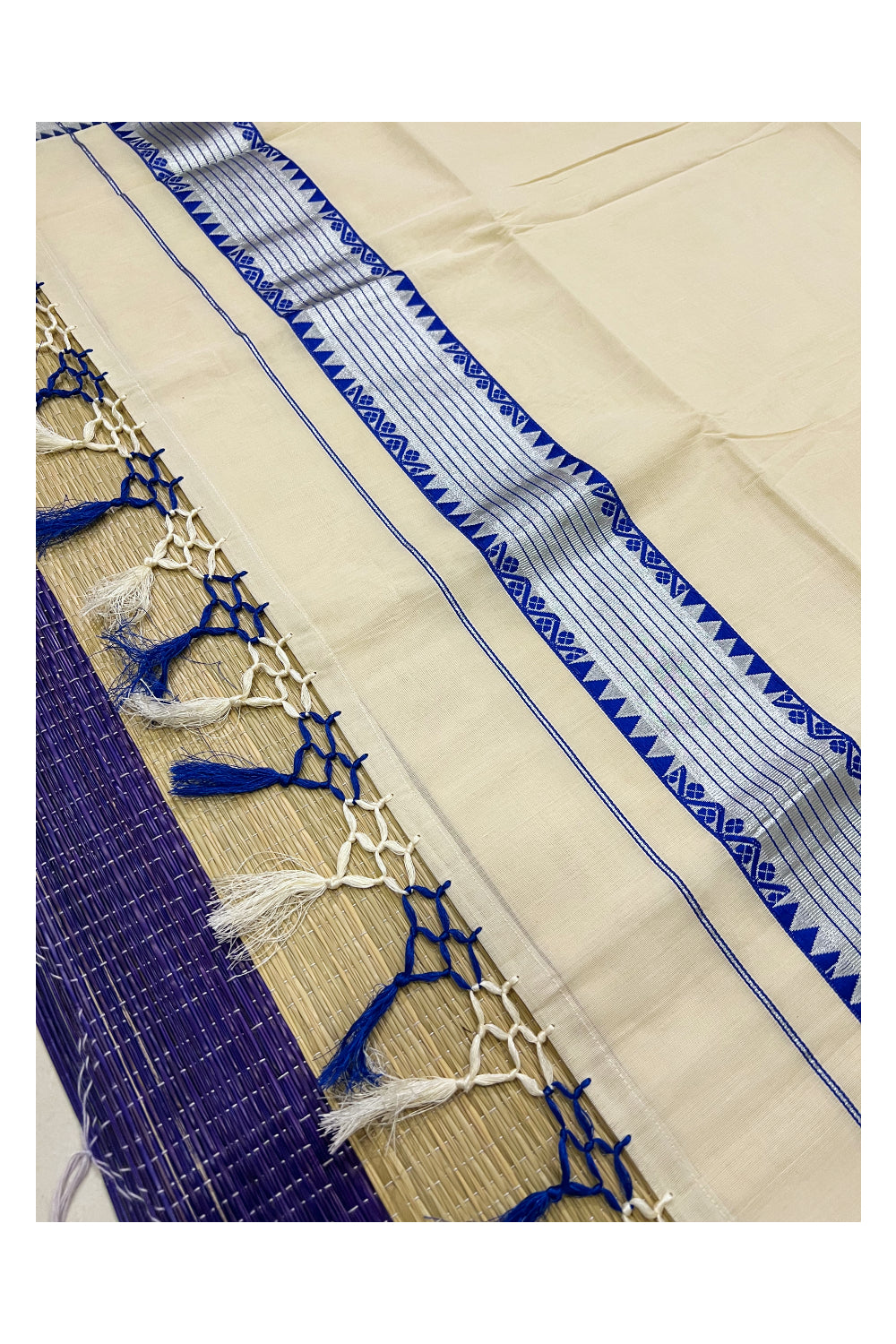 Pure Cotton Kerala Saree with Blue Temple Woven Works on SIlver Kasavu Border