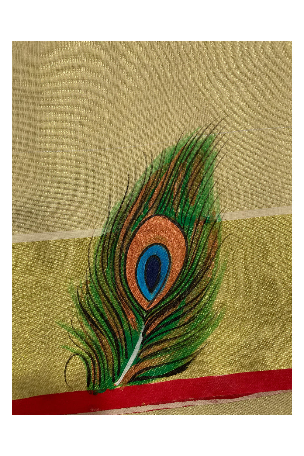 Kerala Tissue Kasavu Set Mundu (Mundum Neriyathum) with Hand Painted Works and Kasavu Red Border
