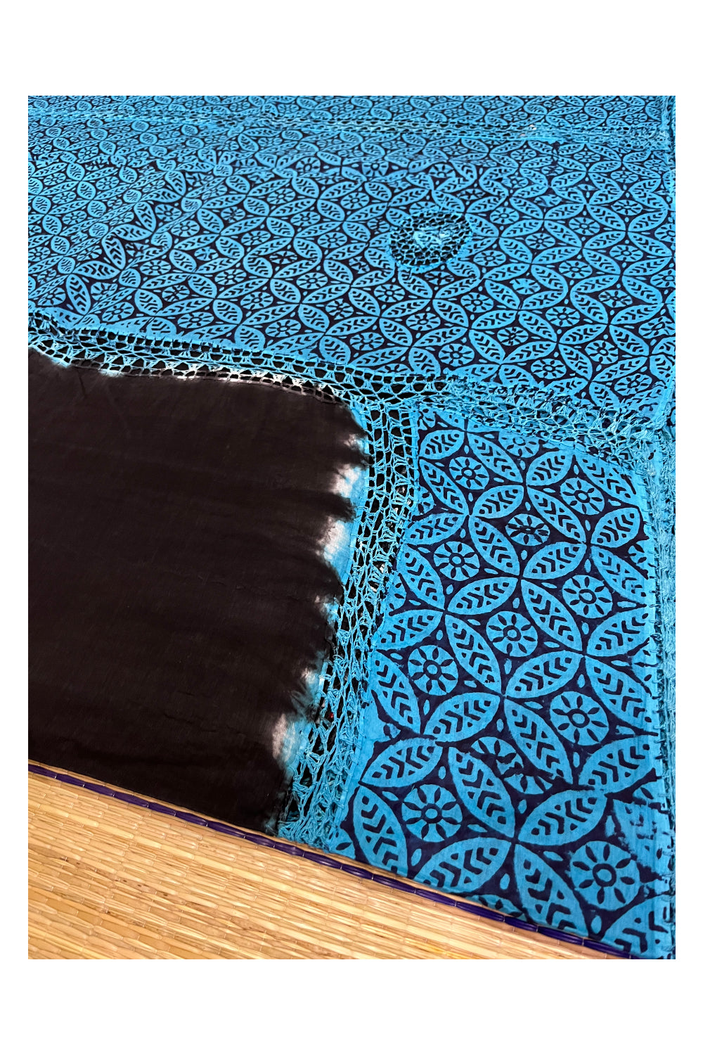 Southloom Pure Cotton Black Saree with Designer Blue Crochet works on Border