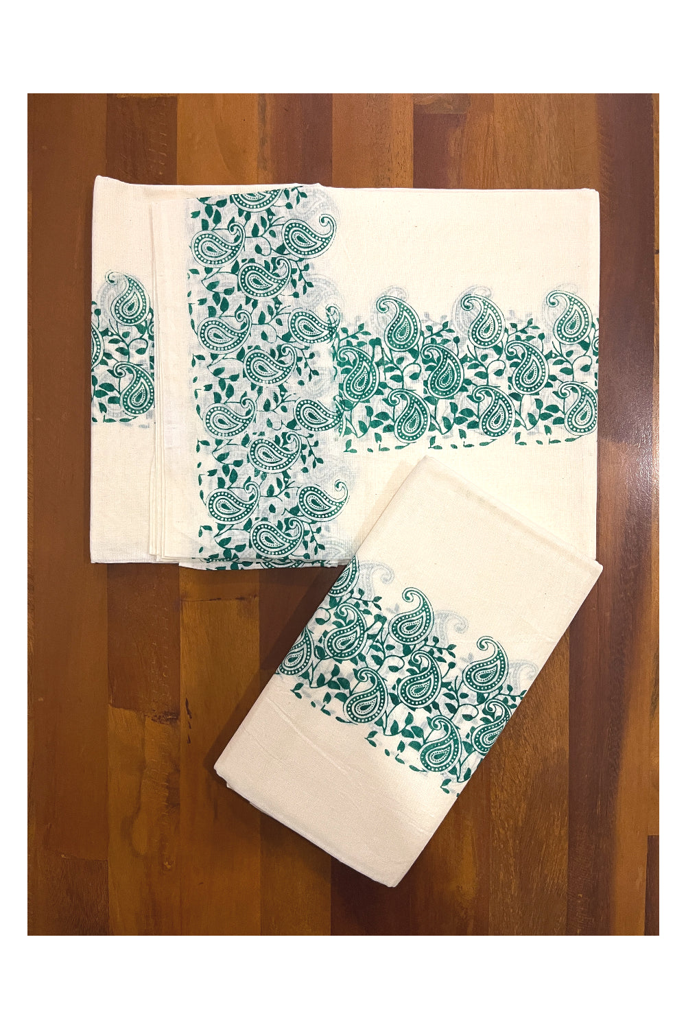 Kerala Cotton Set Mundu (Mundum Neriyathum) with Green Paisley Block Printed Border