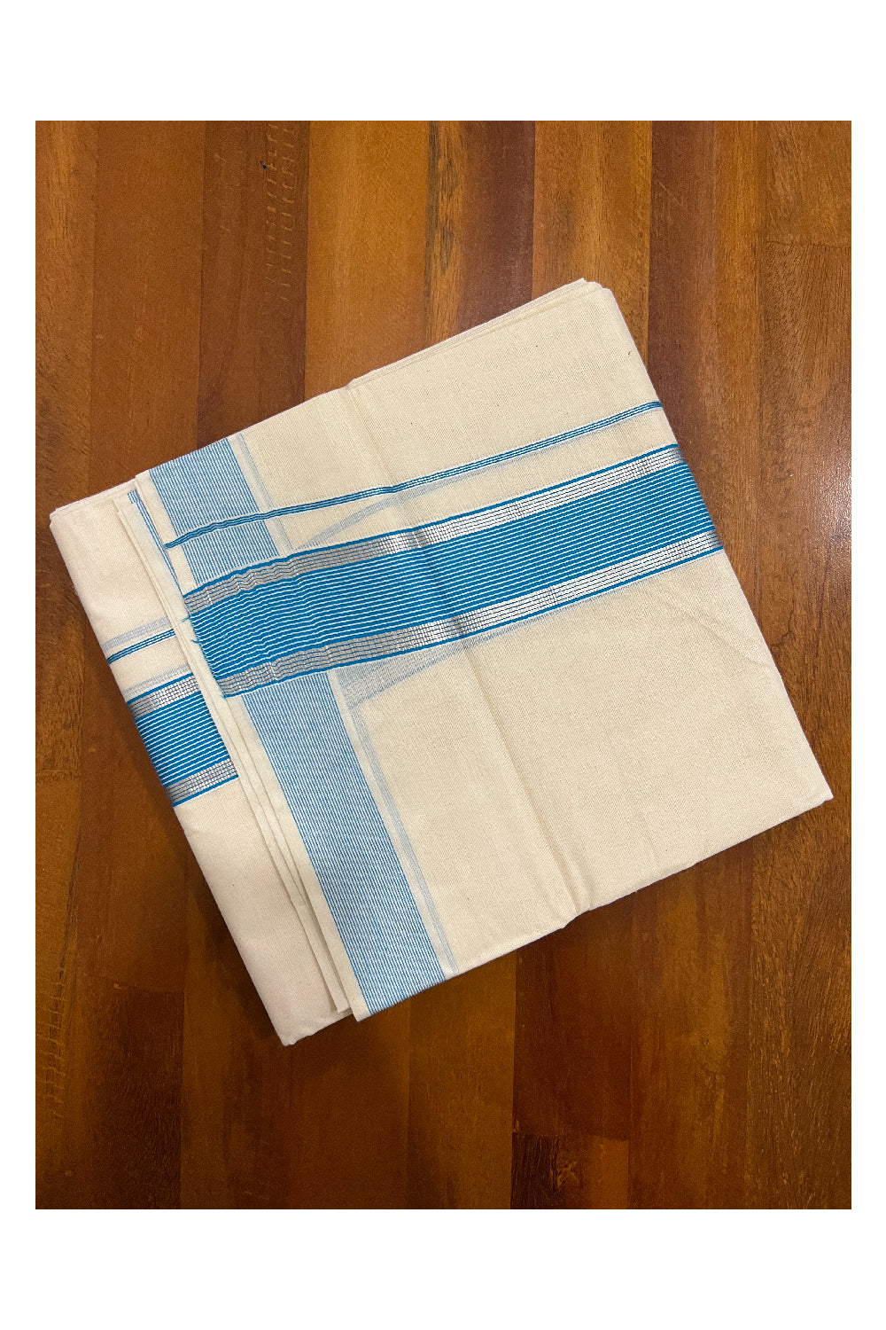 Off White Kerala Double Mundu with Silver Kasavu and Light Blue Border (South Indian Dhoti)