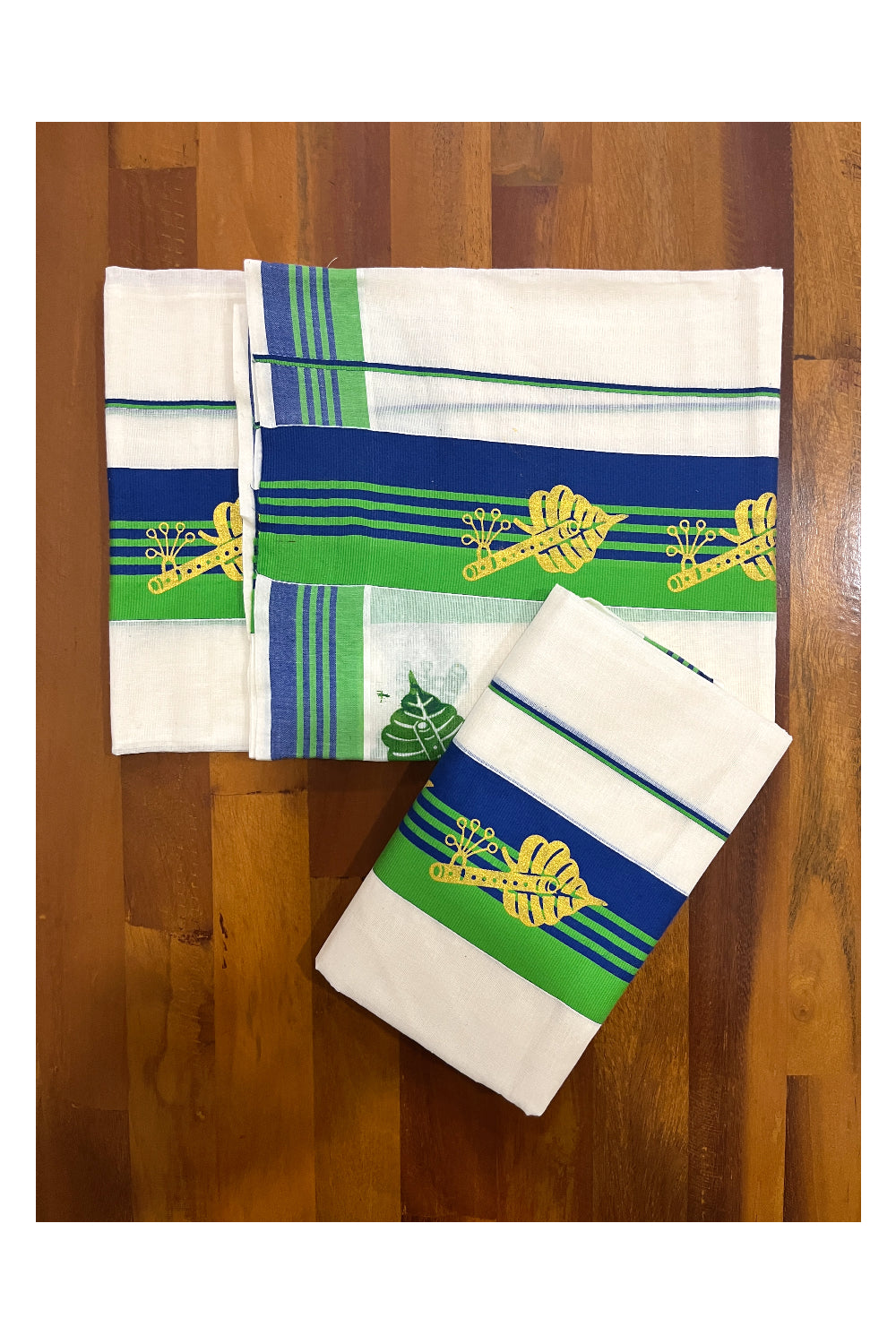 Pure Cotton Single Set Mundu (Mundum Neriyathum Onam 2024 Collection) with Golden Block Prints on Green Blue Border