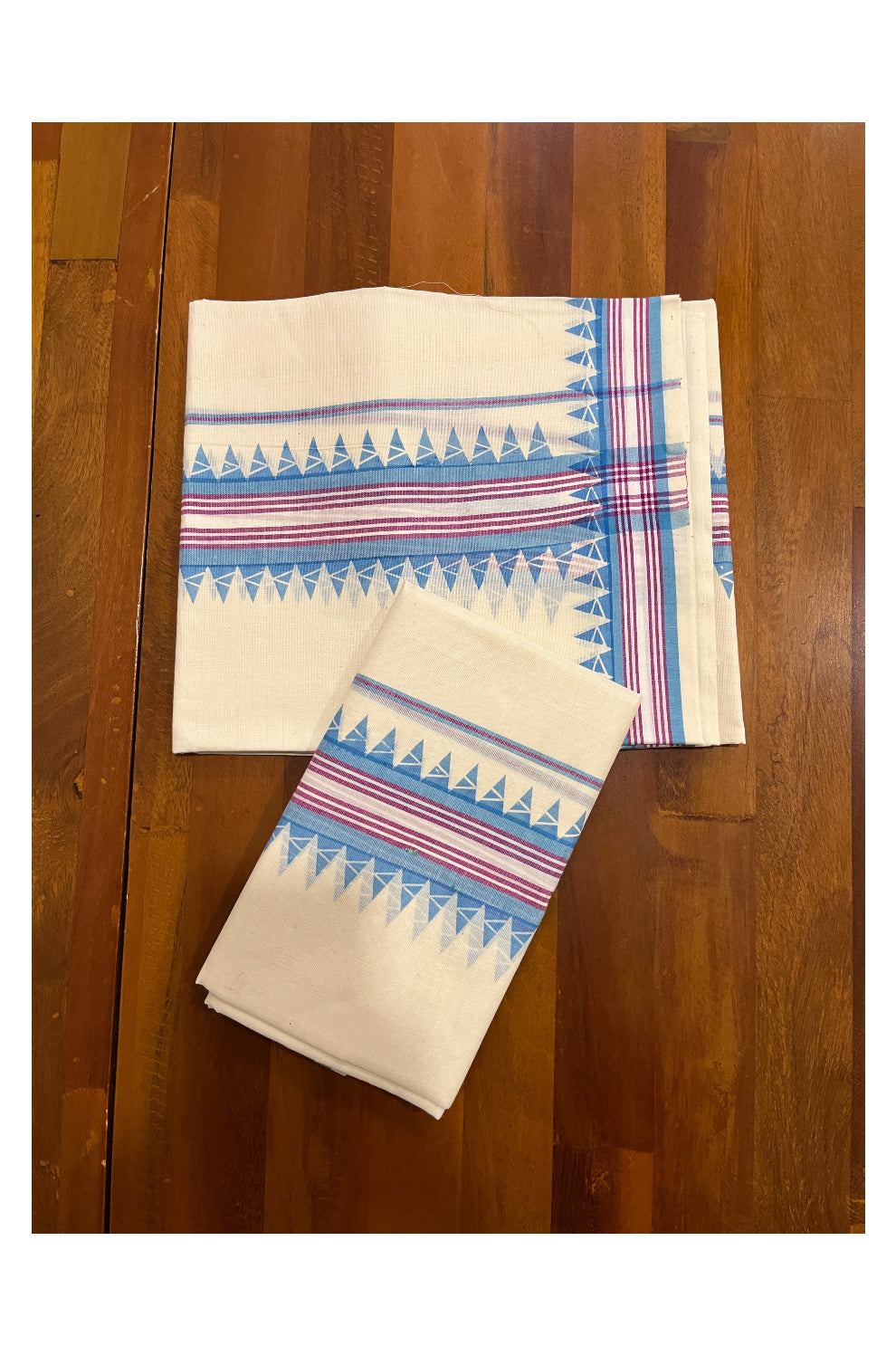 Kerala Cotton Mulloth Mundum Neriyathum Single (Set Mundu) with Light Blue Temple Block Prints on Border (Extra Soft Cotton)