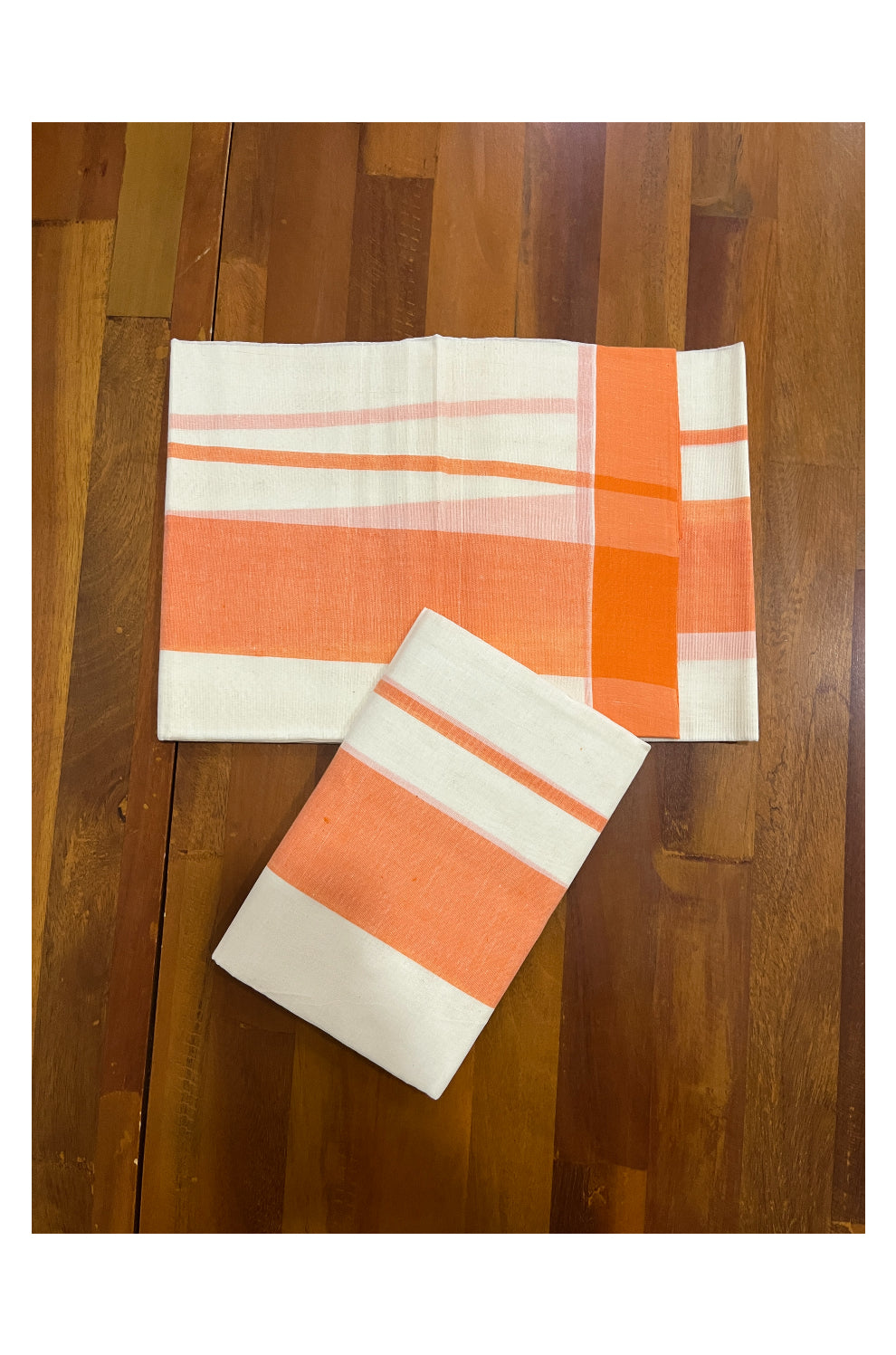 Pure Cotton Single Set Mundu (Mundum Neriyathum) with Orange Border