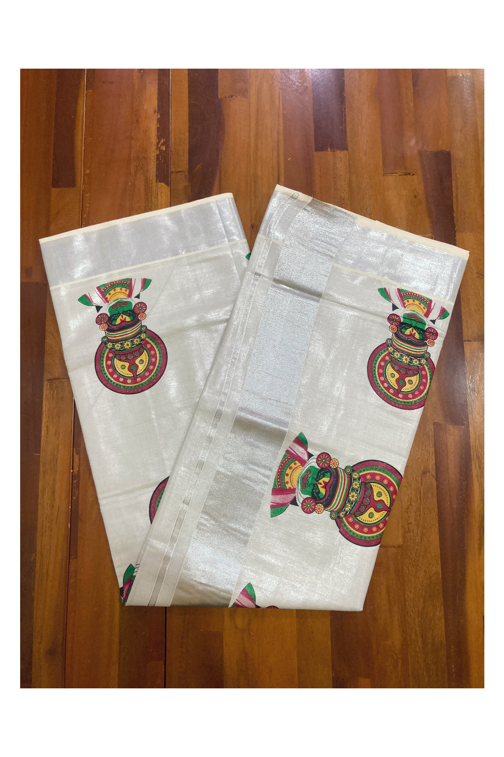 Kerala Silver Tissue Kasavu Saree with Kathakali Mural Prints