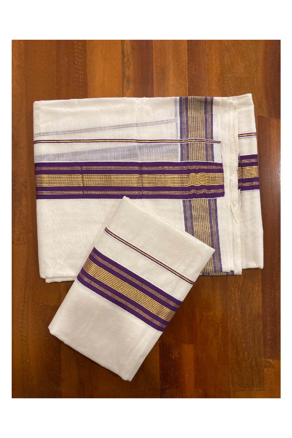 Kerala Cotton Mundum Neriyathum Double (Set Mundu) with Purple and Kasavu Border