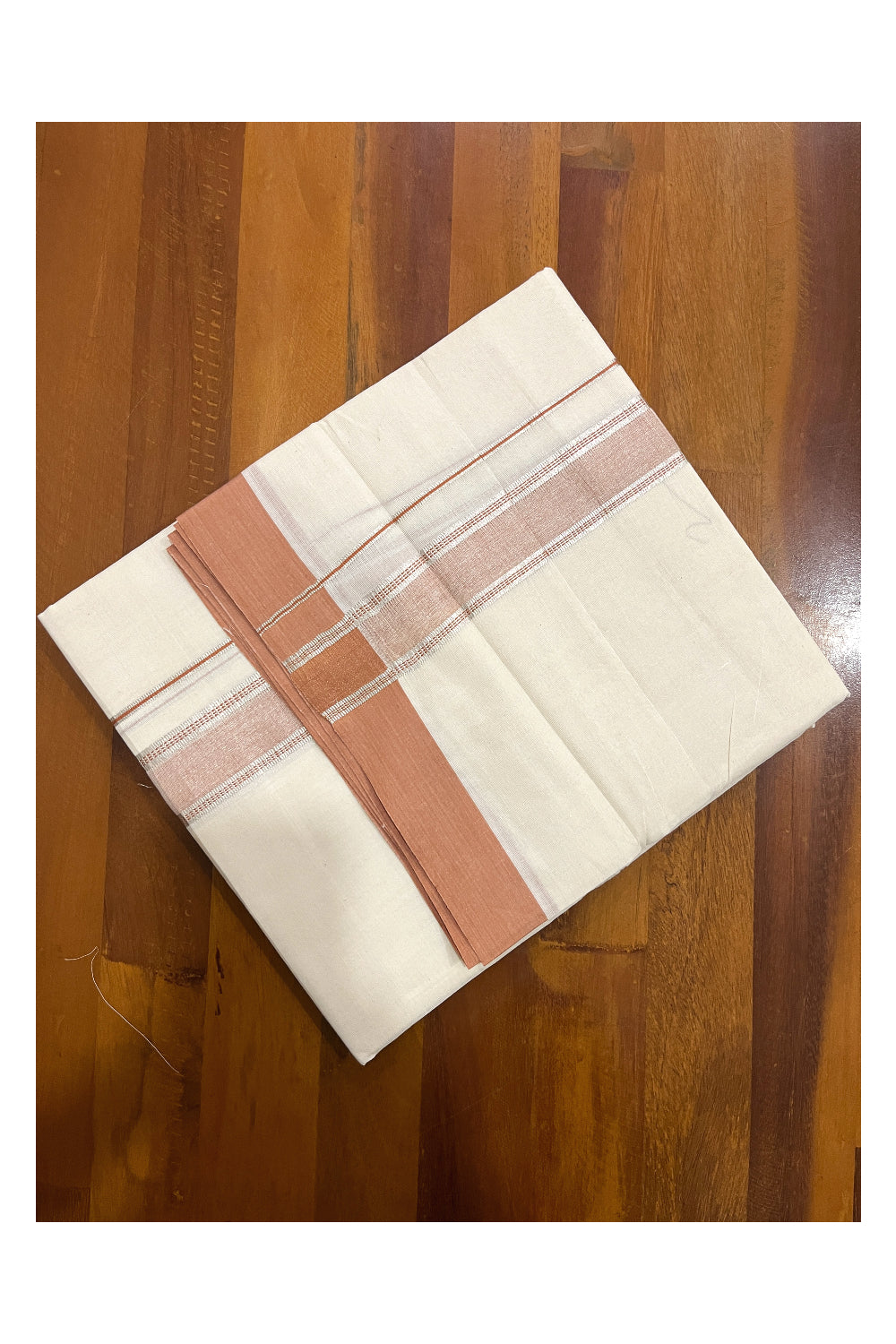 Pure Cotton Off White Double Mundu with Saffron and Silver Kara (South Indian Dhoti)