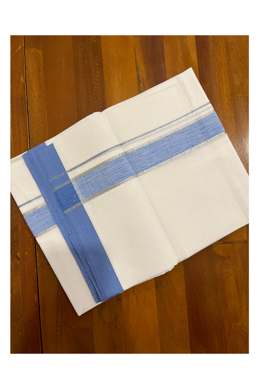 Pure White Kerala Cotton Double Mundu with Silver Kasavu and Blue Border (South Indian Dhoti)