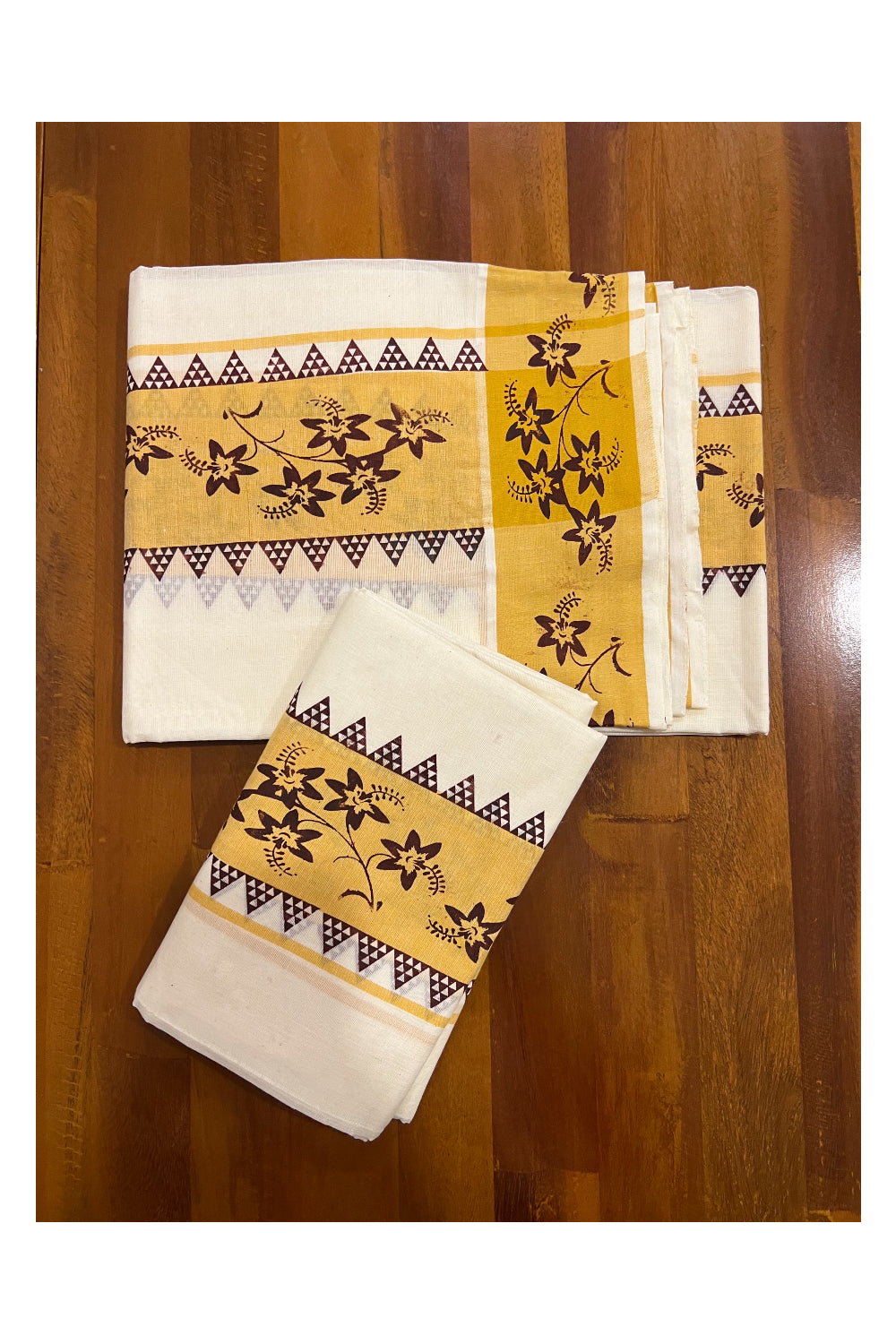 Kerala Cotton Set Mundu (Mundum Neriyathum) with Brown Floral Temple Block Prints on Yellow Border