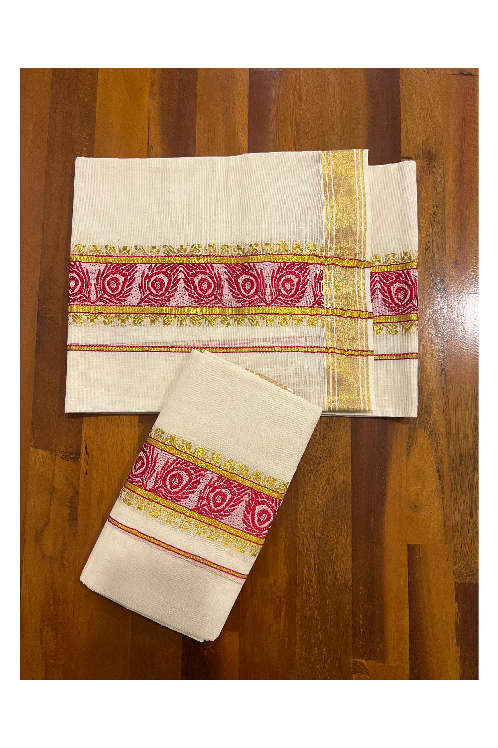 Kerala Cotton Set Mundu (Mundum Neriyathum) with Dark Red Feather Woven and Kasavu Border