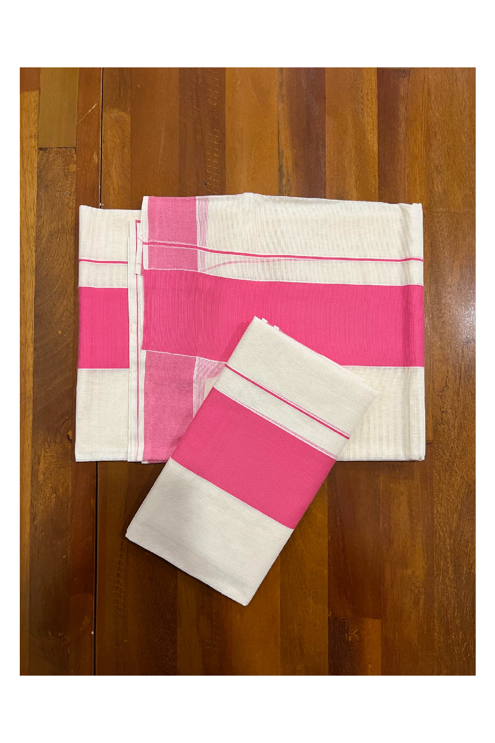 Kerala Cotton Mundum Neriyathum Single (Set Mundu) with Pink Border