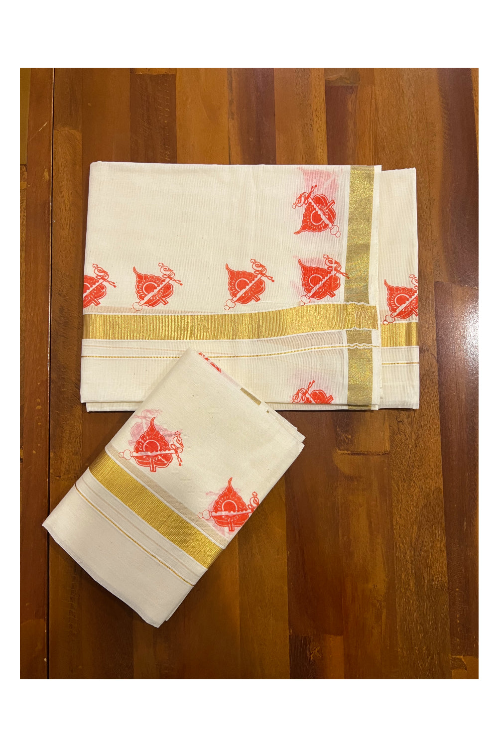 Kerala Cotton Kasavu Set Mundu (Mundum Neriyathum) with Orange Block Prints