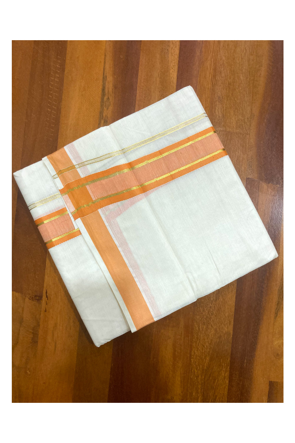 Off White Pure Cotton Double Mundu with Kasavu and Orange Border (South Indian Dhoti)