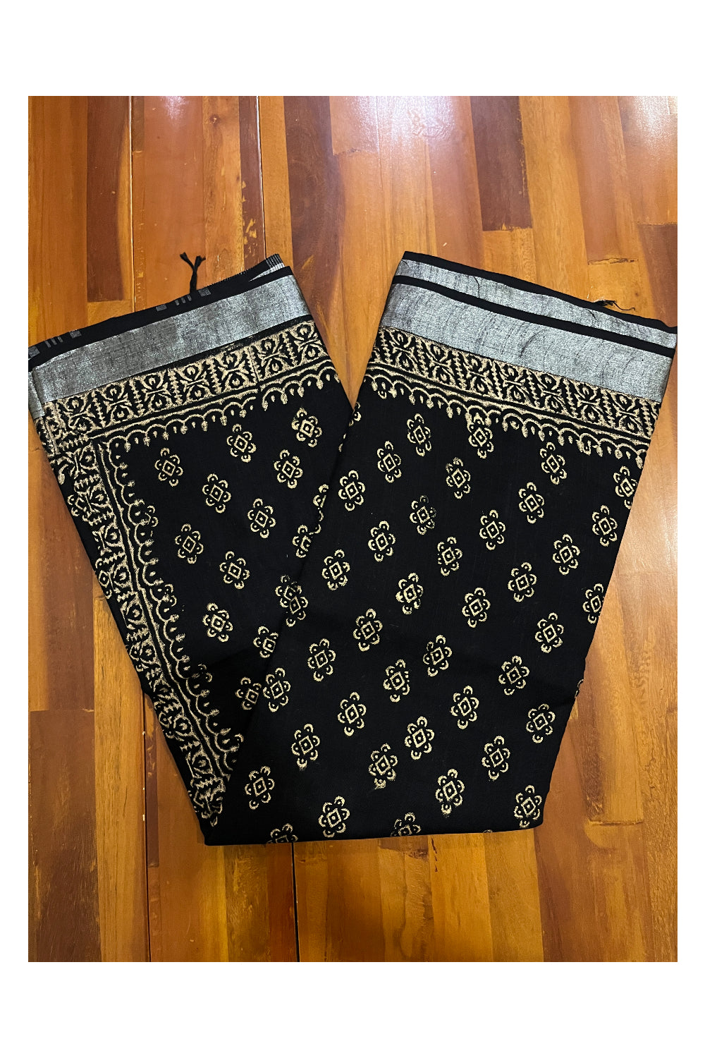 Southloom Linen Designer Black Saree with Yellow Fabric Prints on Body and Tassels Works