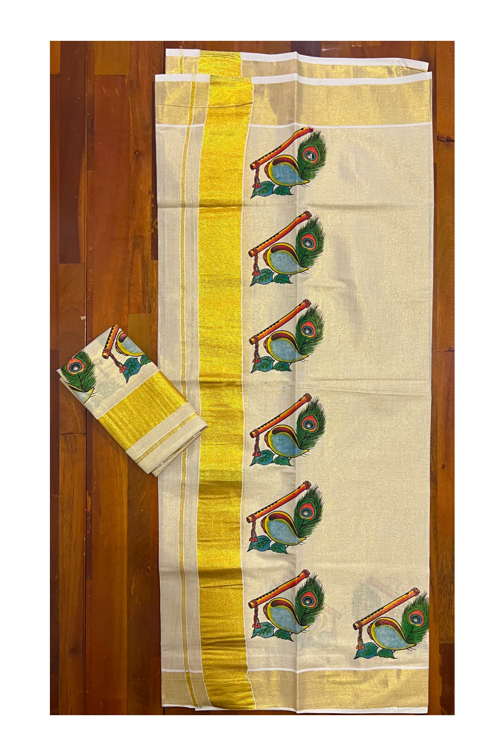 Kerala Tissue Kasavu Set Mundu (Mundum Neriyathum) with Shell Feather and Flute Mural Printed Design