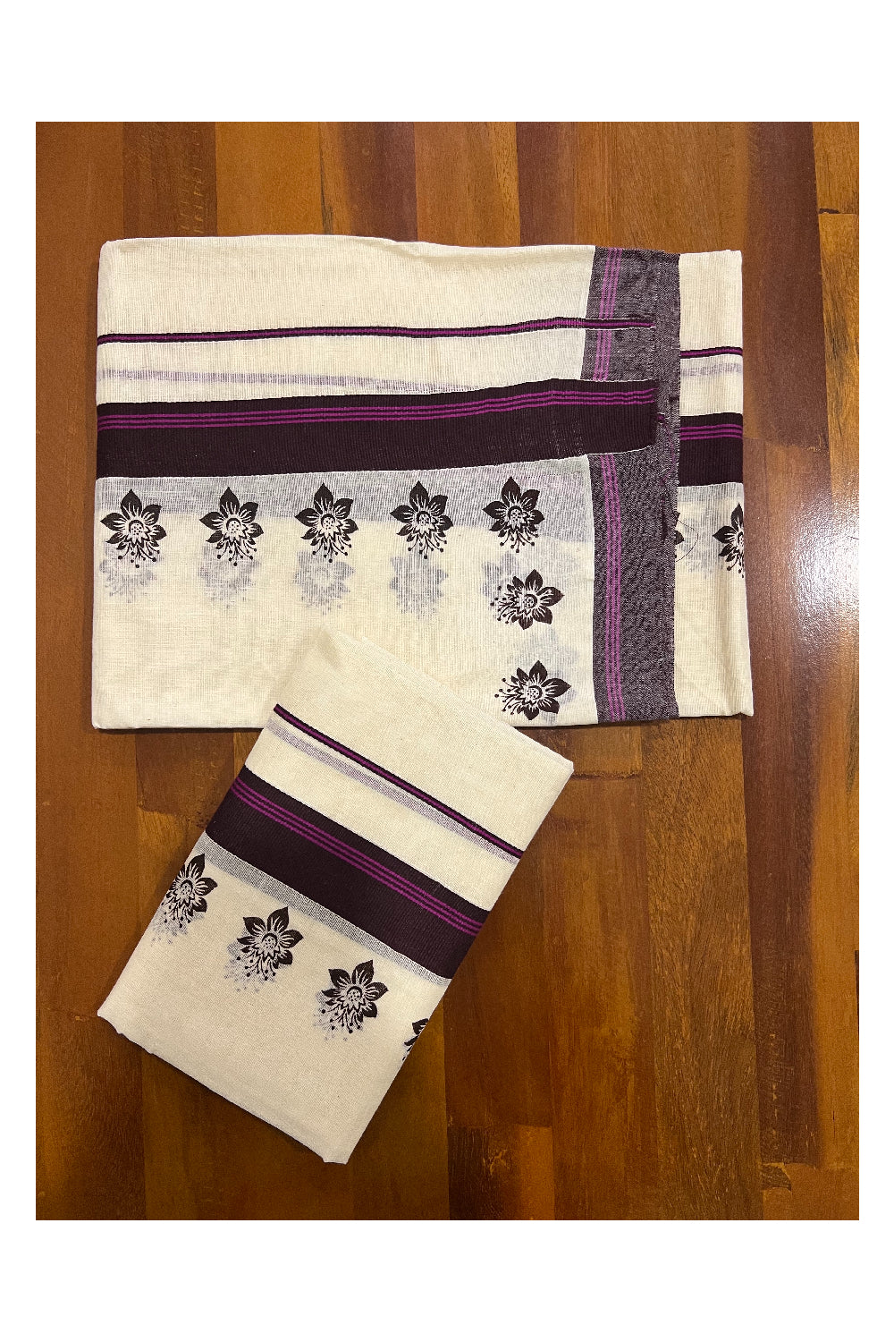 Pure Cotton Set Mundu (Mundum Neriyathum) with Dark Purple Floral Block Prints and Magenta Lines on Border