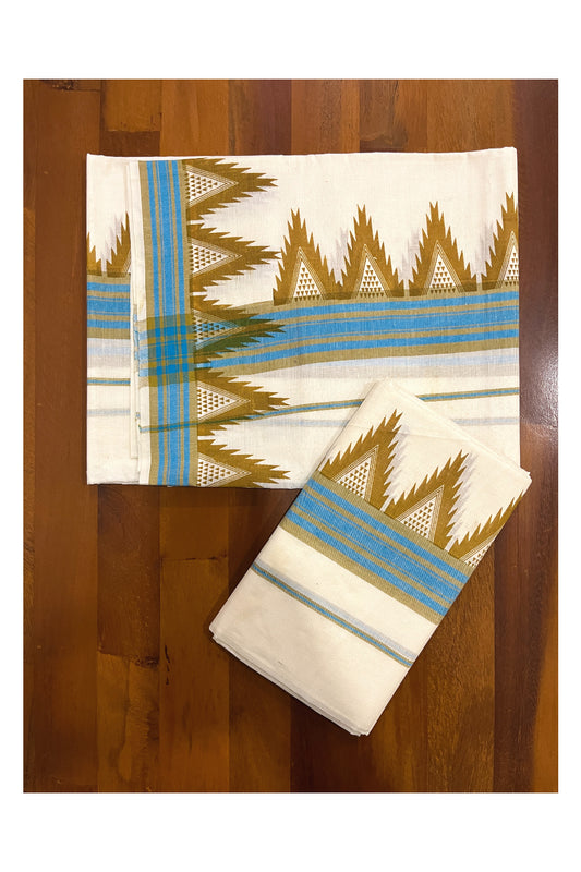 Kerala Cotton Mulloth Mundum Neriyathum Single (Set Mundu) with Brown Temple Block Prints Blue Border (Extra Soft Cotton)