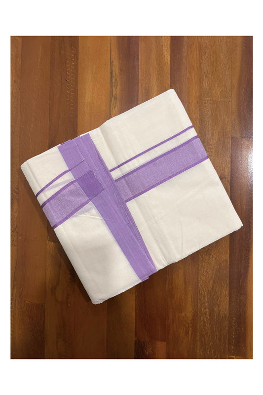 Off White Pure Cotton Double Mundu with Violet Kara (South Indian Dhoti)