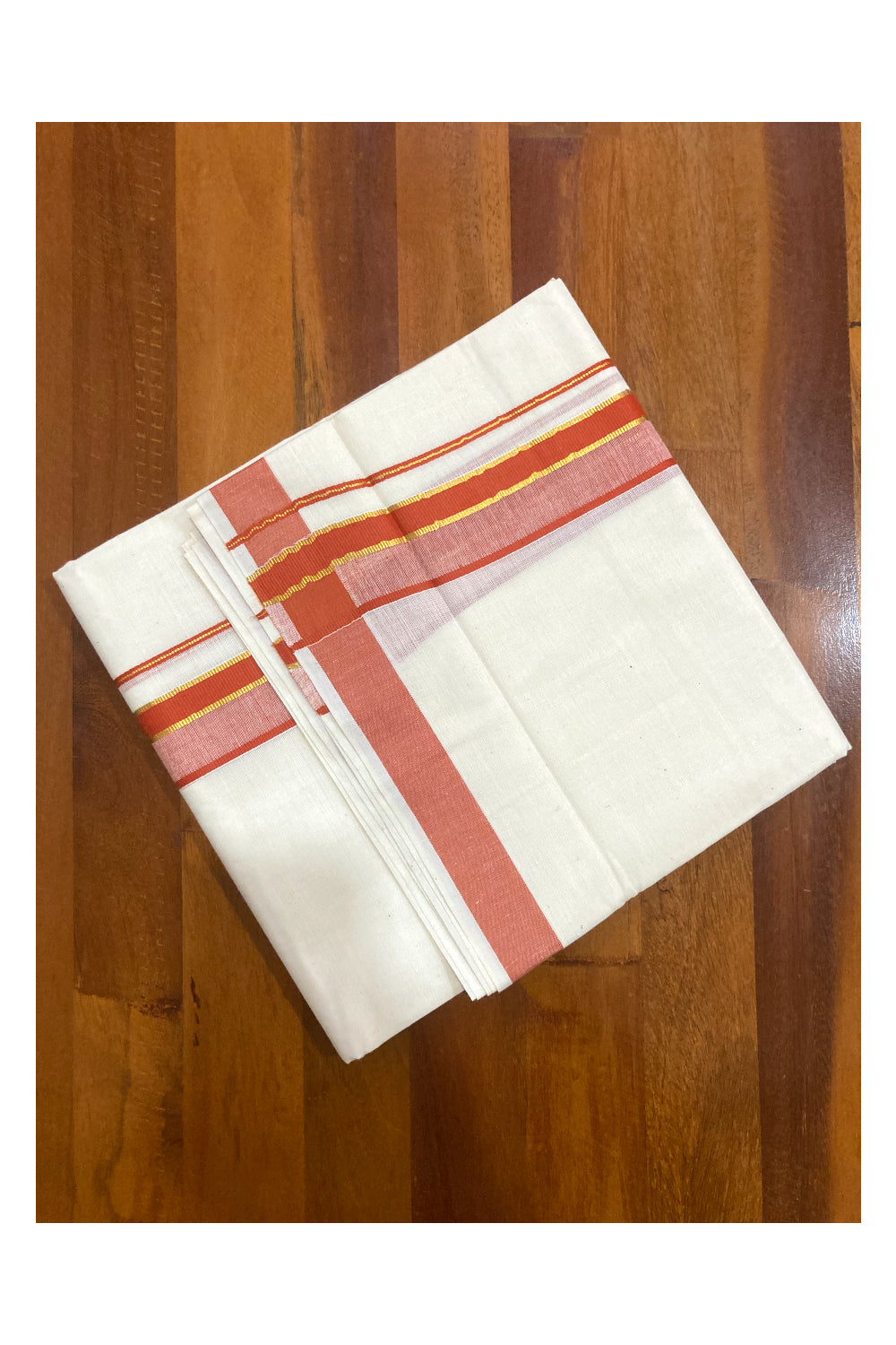 Pure Cotton Off White Double Mundu with Orange and Kasavu Border (South Indian Kerala Dhoti)