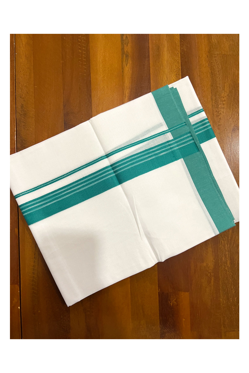 Pure White Cotton Double Mundu with Green Border (South Indian Dhoti)