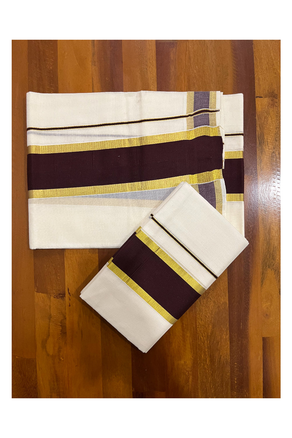 Pure Cotton Kerala Single Set Mundu (Mundum Neriyathum) with Brown and Kasavu Border 2.80 Mtrs