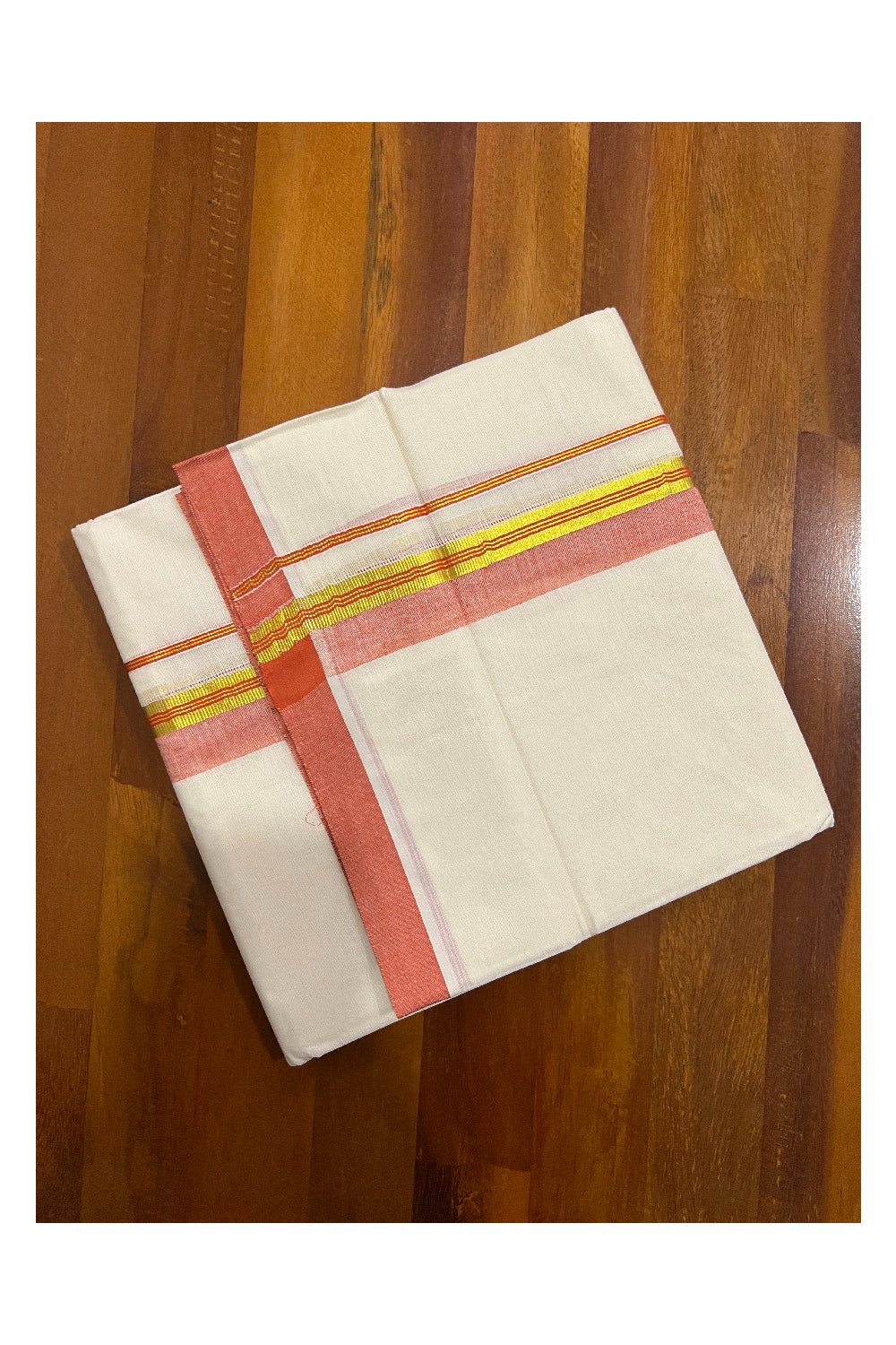 Pure Cotton Off White Double Mundu with Orange and Kasavu Border (South Indian Dhoti)