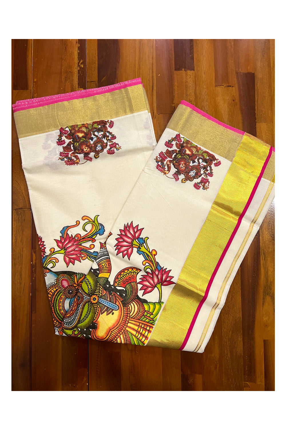 Kerala Pure Cotton Kasavu Saree with Mural Krishna Radha Printed and Magenta Border