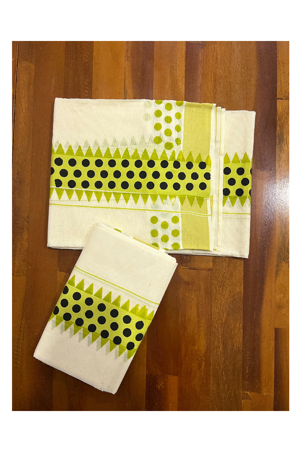 Kerala Cotton Set Mundu (Mundum Neriyathum) with Black Polka Block Prints in Bright Green Temple Border