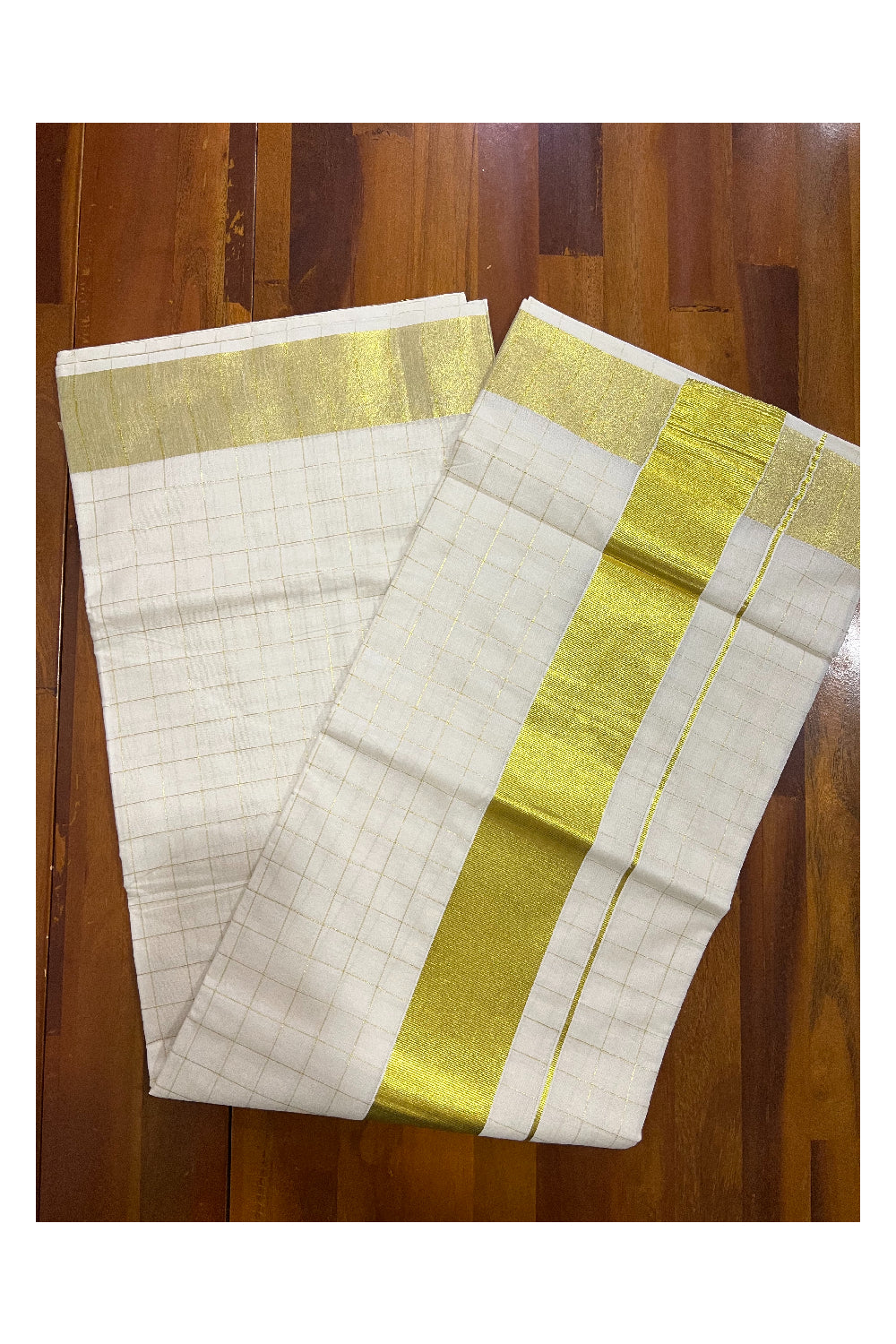 Pure Cotton Kerala Kasavu Big Check Design Saree with 3 inch Border