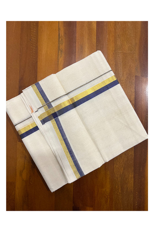 Southloom Balaramapuram Handloom Pure Cotton Mundu with Golden and Navy Blue Kasavu Border (South Indian Dhoti)