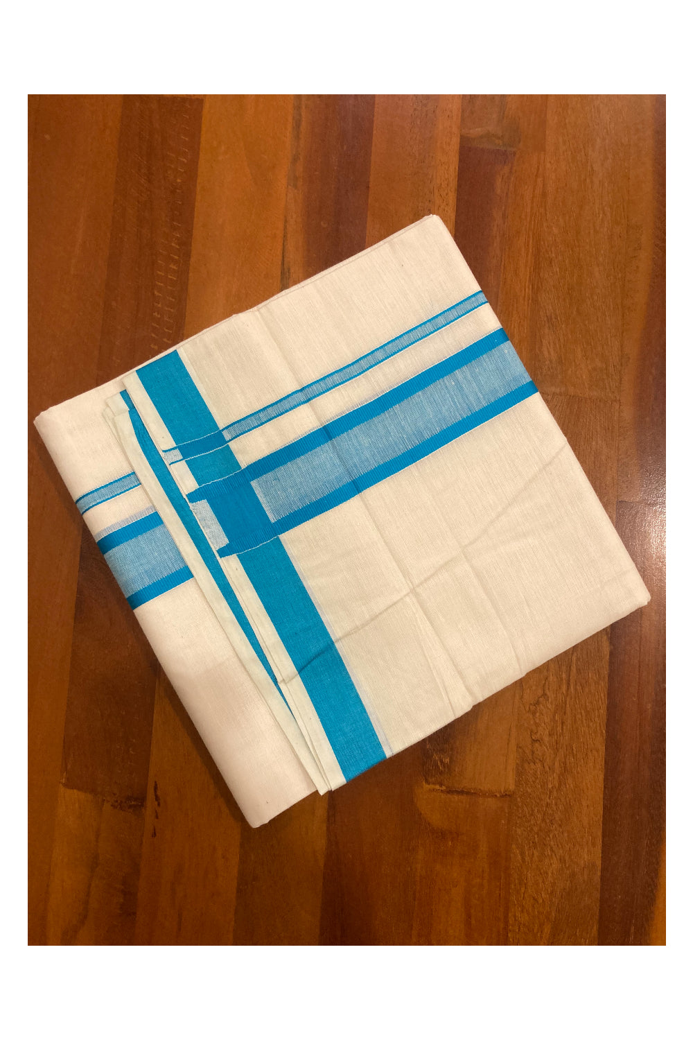 Off White Pure Cotton Double Mundu with Blue Border (South Indian Kerala Dhoti)