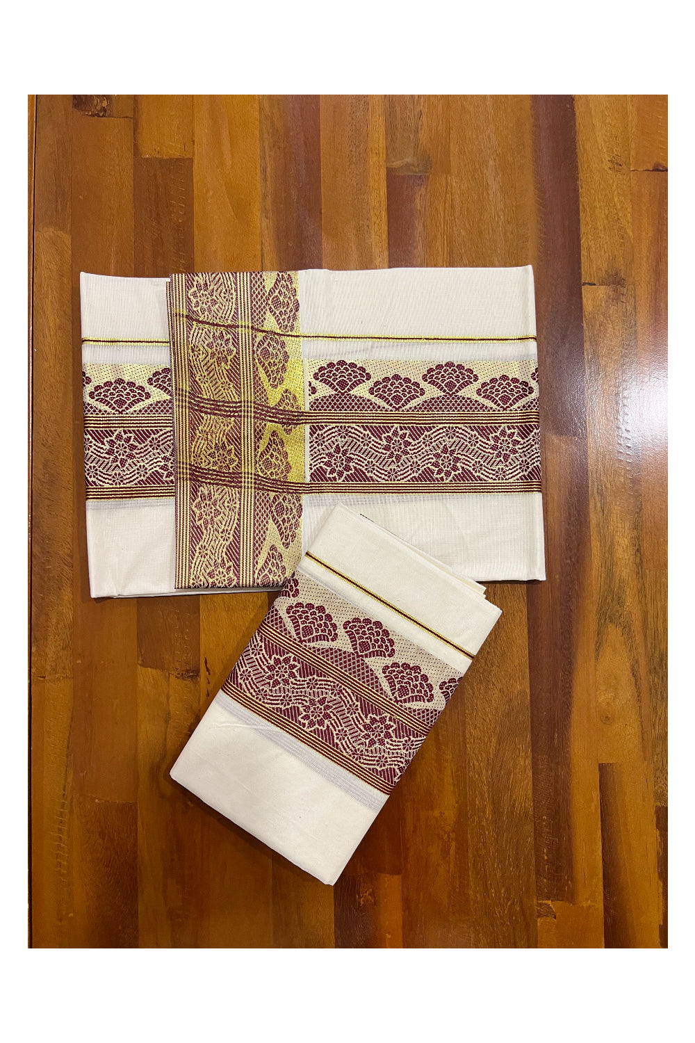 Pure Cotton Set Mundu (Mundum Neriyathum) with Maroon and Kasavu Woven Design on Border 2.80 Mtrs