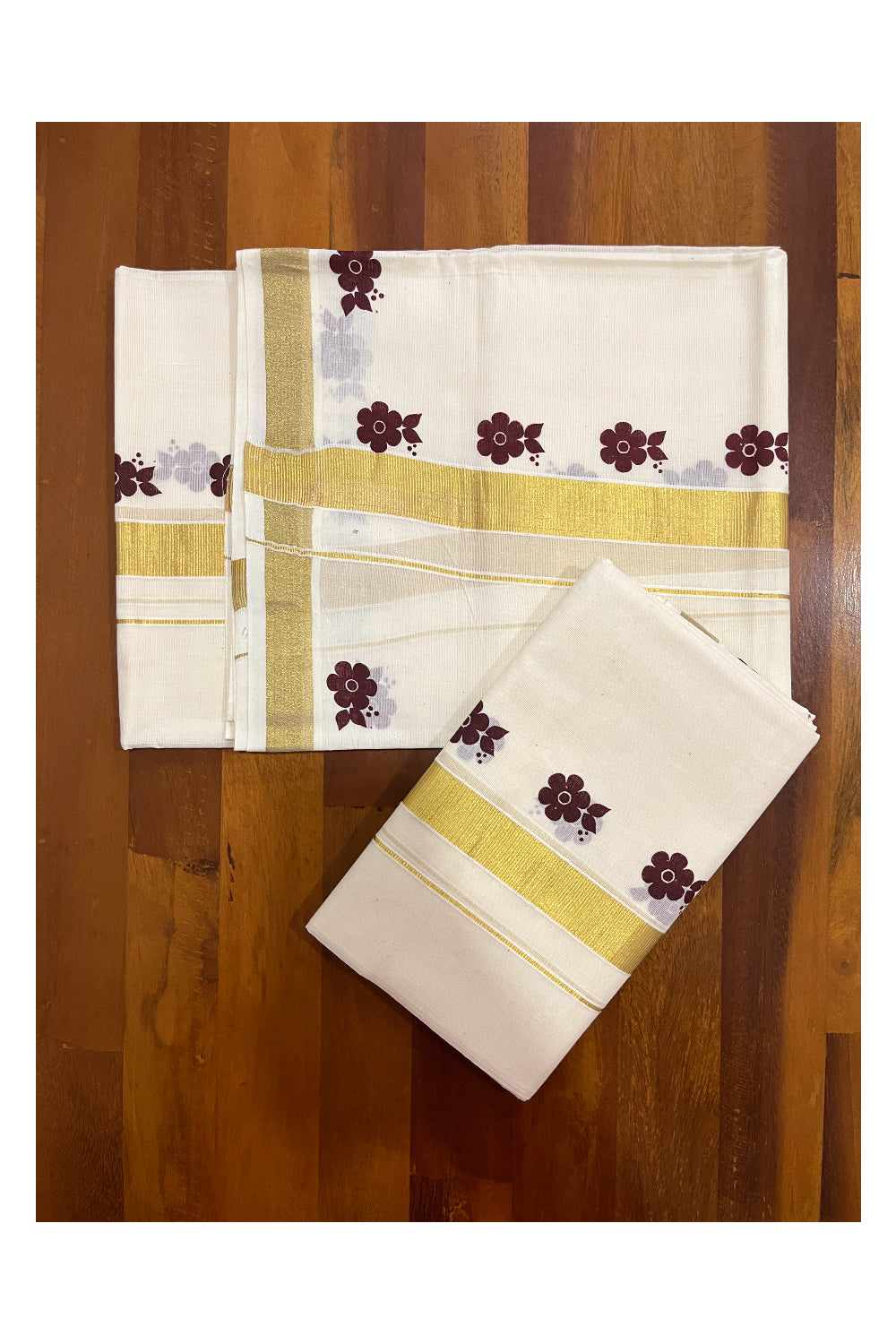 Kerala Cotton Kasavu Mundum Neriyathum Single (Set Mundu) with Brown Block Printed Border 2.80 Mtrs