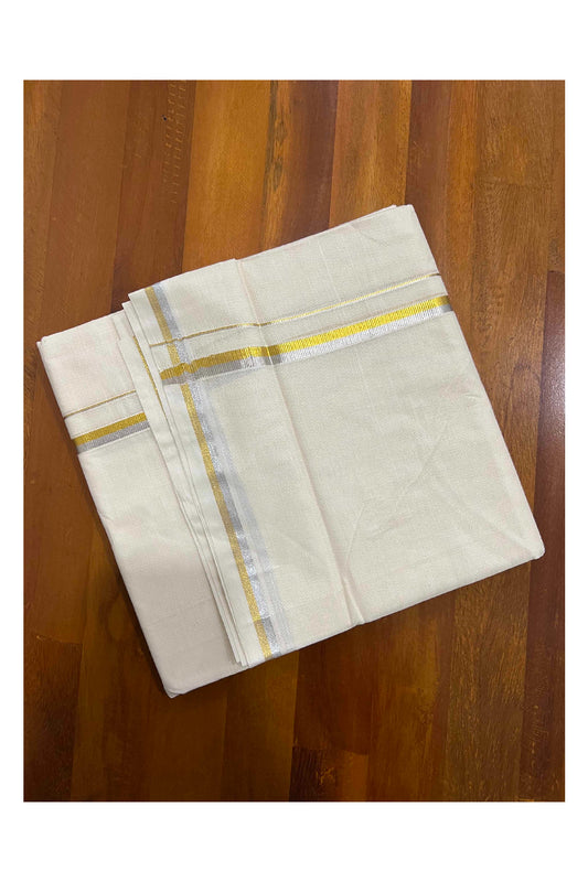 Off White Kerala Double Mundu with Silver and Golden Kasavu Border 0.5 inches (South Indian Dhoti)