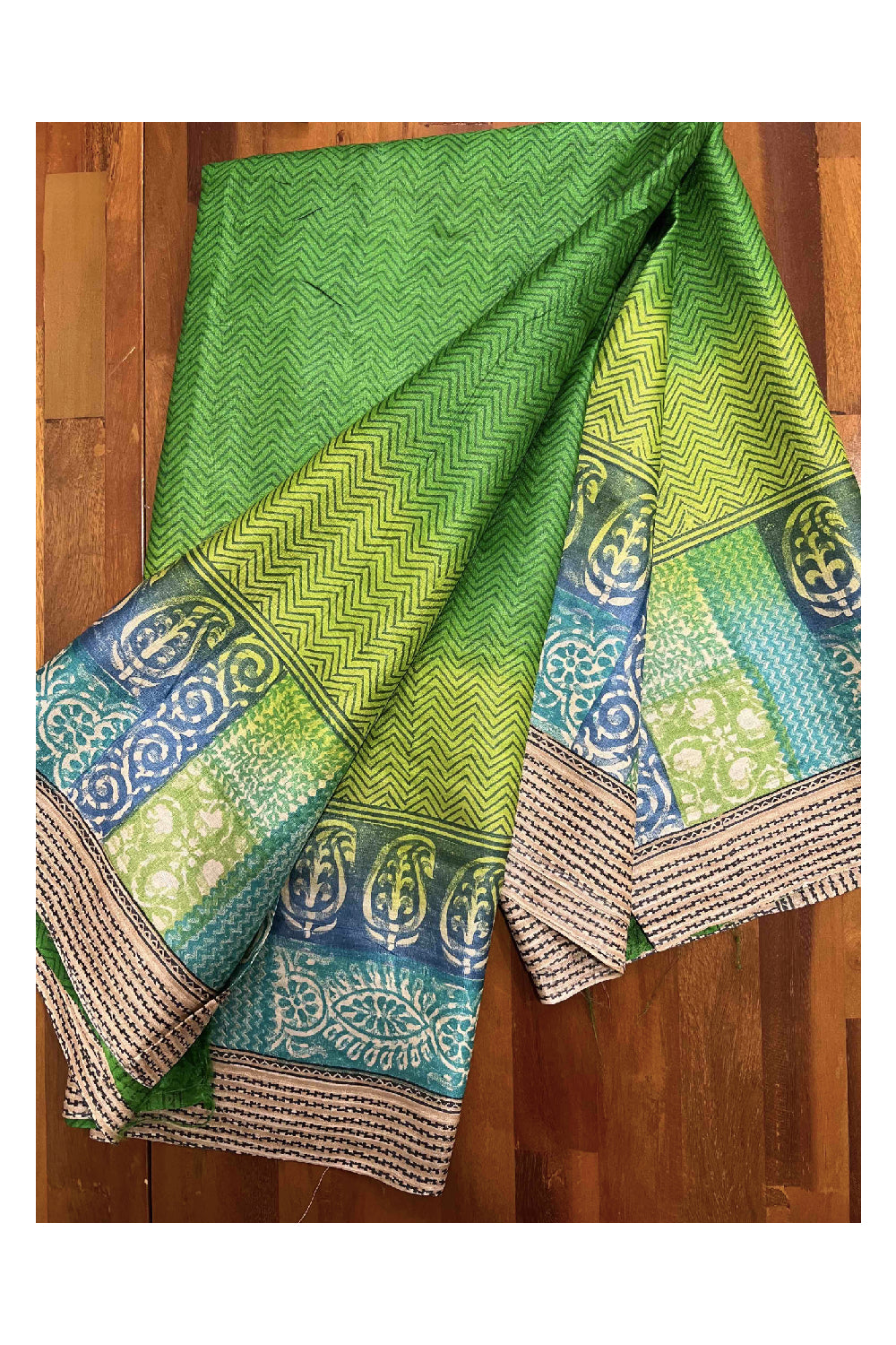 Southloom Handloom Pure Tussar Green Printed Designer Saree