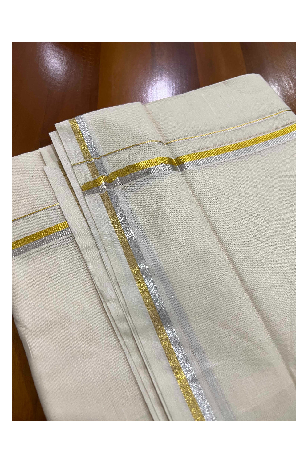 Off White Kerala Double Mundu with Silver and Golden Kasavu Border 0.5 inches (South Indian Dhoti)