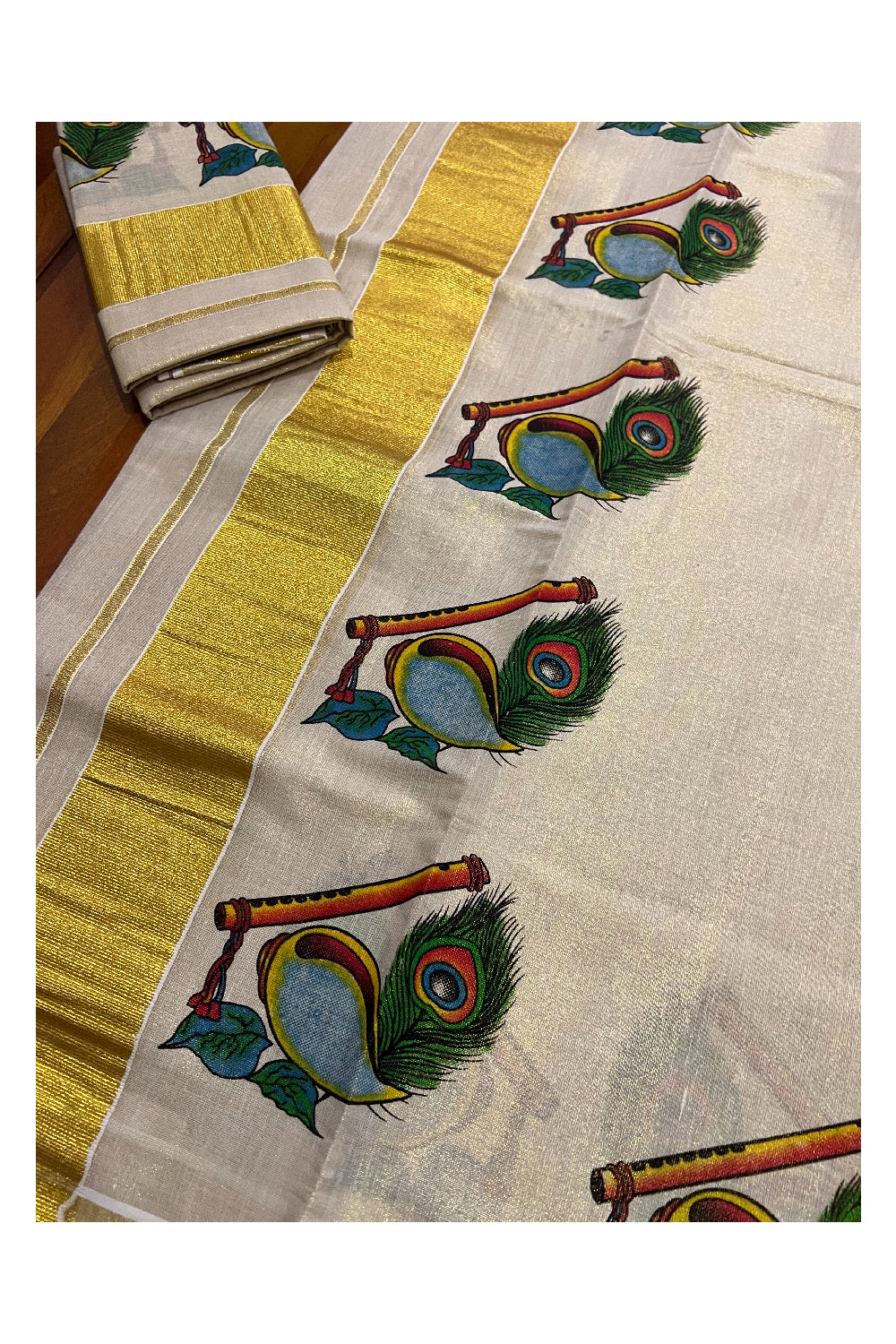 Kerala Tissue Kasavu Set Mundu (Mundum Neriyathum) with Shell Feather and Flute Mural Printed Design