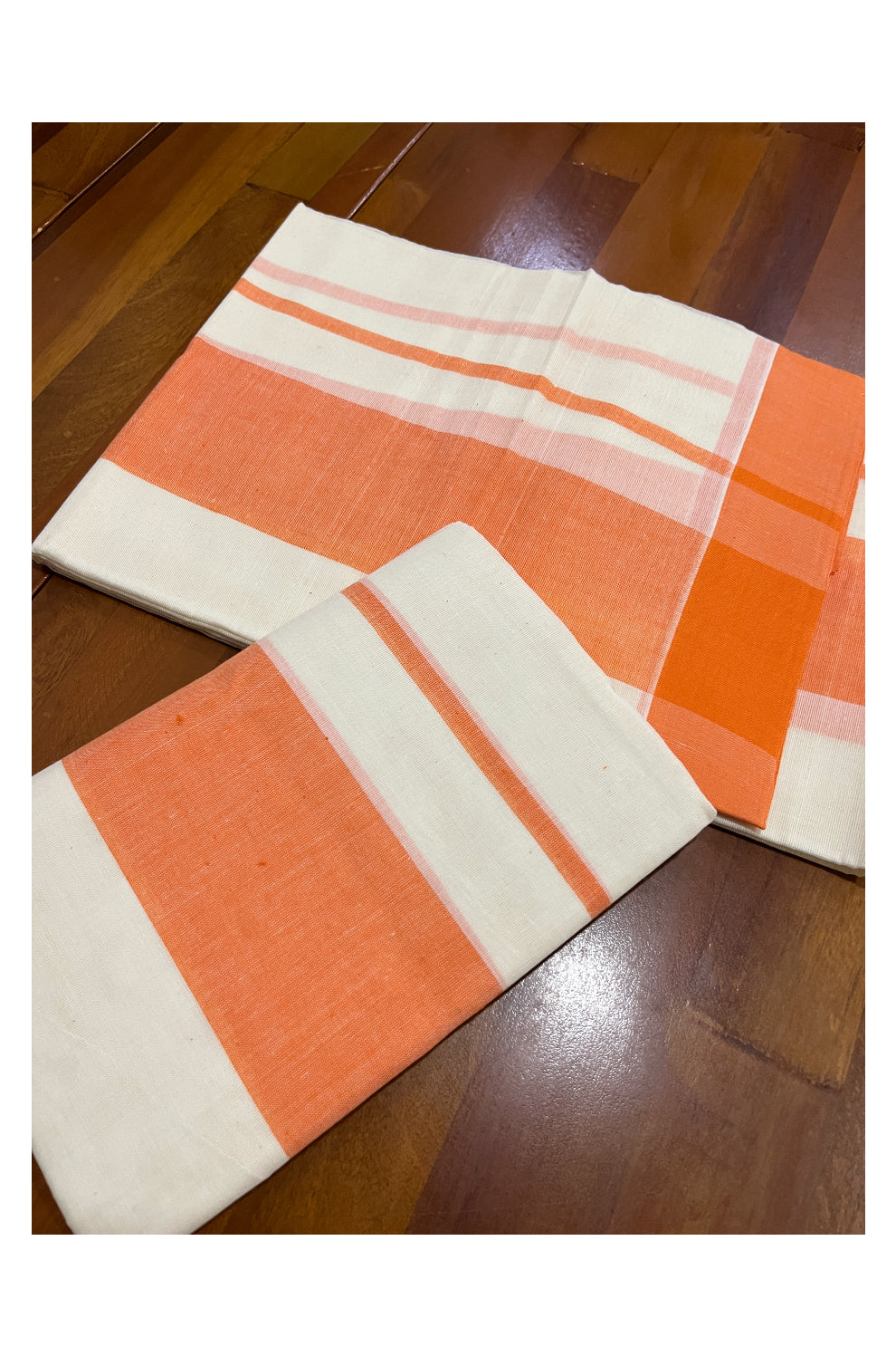 Pure Cotton Single Set Mundu (Mundum Neriyathum) with Orange Border