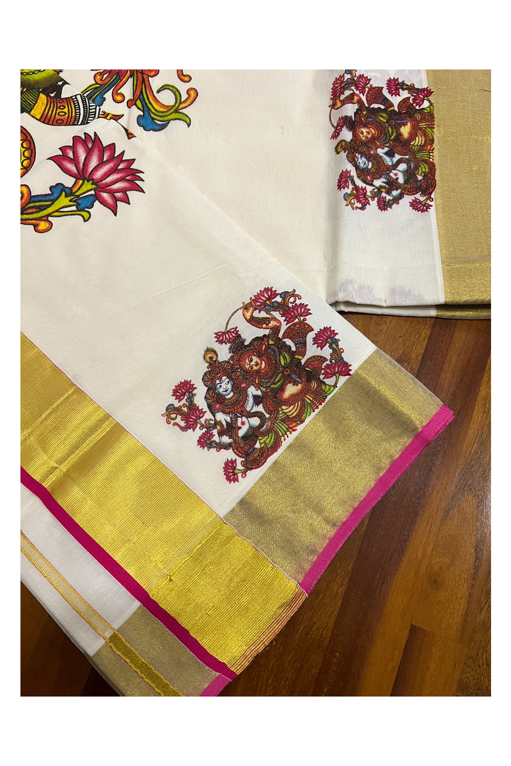 Kerala Pure Cotton Kasavu Saree with Mural Krishna Radha Printed and Magenta Border