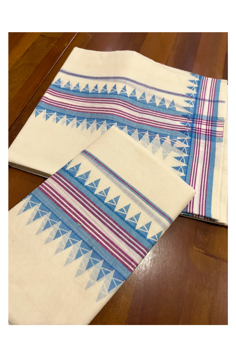 Kerala Cotton Mulloth Mundum Neriyathum Single (Set Mundu) with Light Blue Temple Block Prints on Border (Extra Soft Cotton)