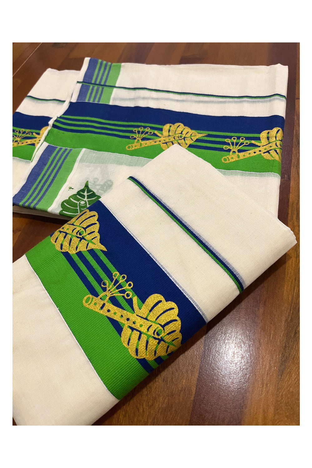 Pure Cotton Single Set Mundu (Mundum Neriyathum Onam 2024 Collection) with Golden Block Prints on Green Blue Border